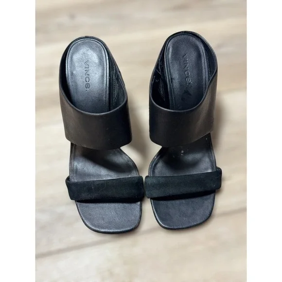 Vince Stylish Quinn Black Leather Suede Block Heel Mule Sandals Women's Size 7.5 - Picture 2 of 9